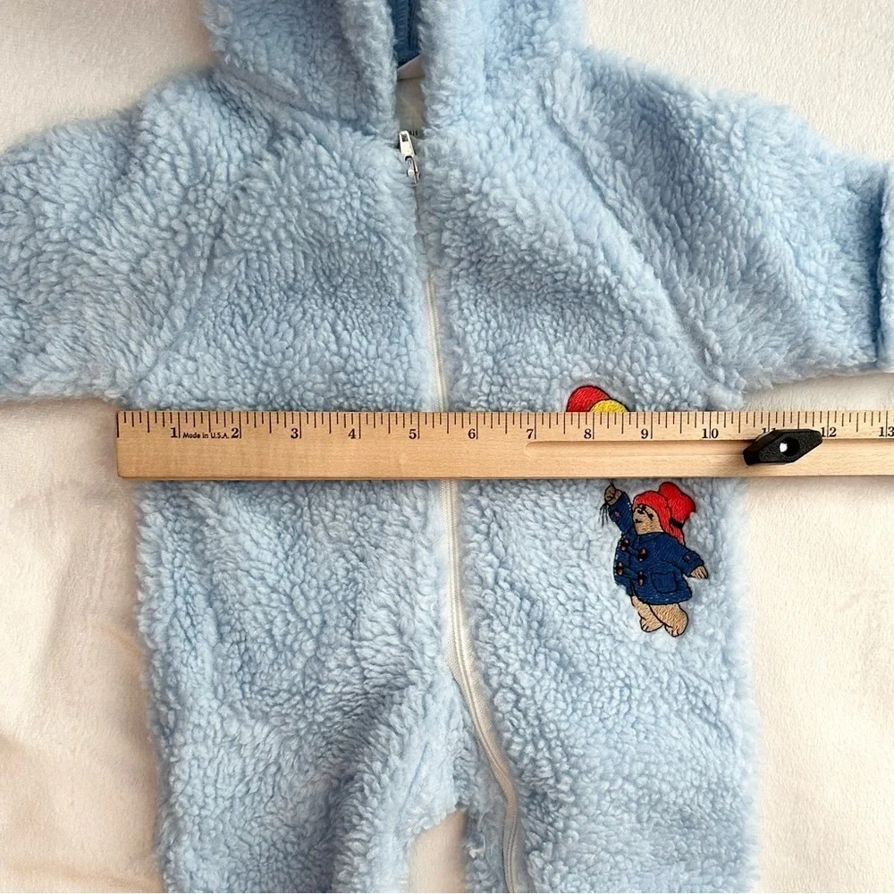 Vtg Paddington Baby Blue Fuzzy Sherpa Hooded Footie Outfit 0-6M bodysuit snow